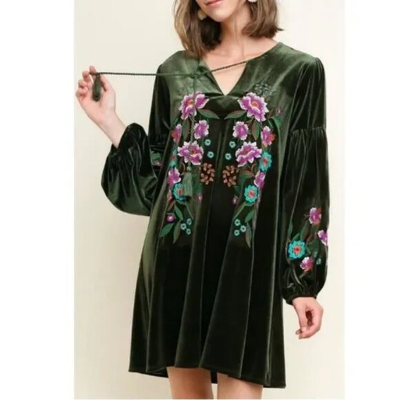 Umgree green velvet floral embroidered long sleeve boho dress XL - Picture 2 of 13